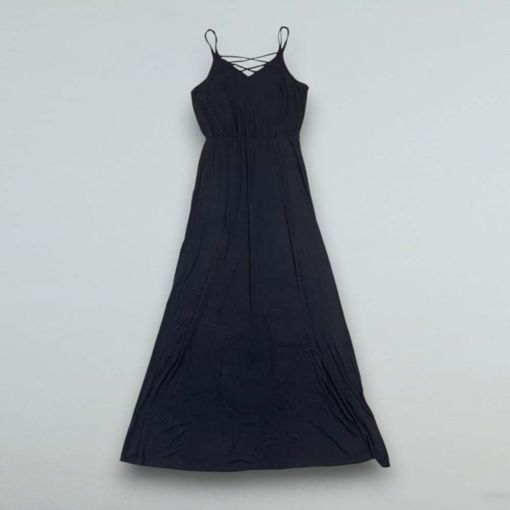 Black Strappy Front Maxi Dress Sleeveless V Neck Stretch Size Medium